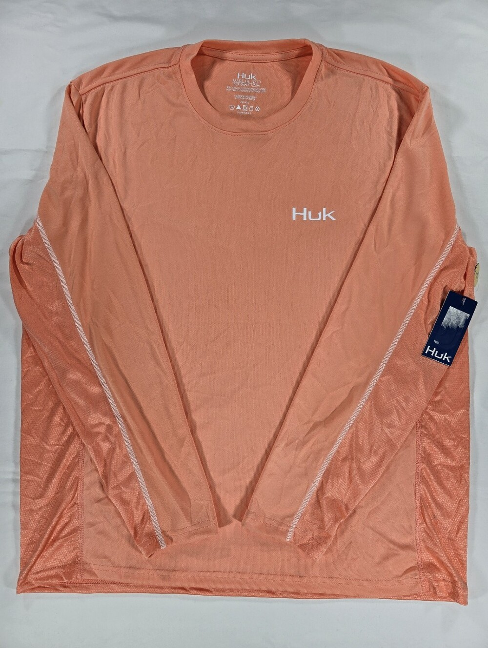 NEW Huk Men Icon Crew Long Sleeve Shirt Salmon Orange Vented Fishing Performance